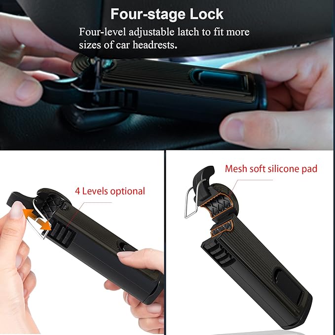 Car Headrest Hidden Hook, New Upgraded 2 in 1 Car Seat Hook with Phone Holder, 360° Rotation Car Hooks for Purses and Bags, Grocery Bag & Handbag (Black - 2PCS)