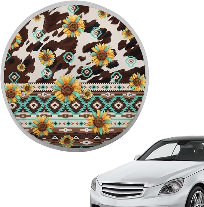 Universal Car Steering Wheel Sun Shade Cover Easy to Install Aztec Tribal Brown Cow Sunflower Pattern Steering Wheel Sun Cover Steering Wheel Sun Heat Shield for Car SUV Truck Van