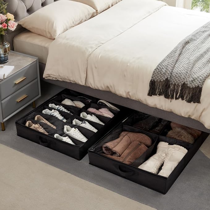 Lifewit Under Bed Shoe Storage Organizer 2 Pack(16 Shoes Cells+4 Boots Cells), 4.3 Inches Profile Fabric Shoes Container Box with Clear Cover, Foldable Storage Bag with 2 Handles, Fits 24 to 40 Pairs
