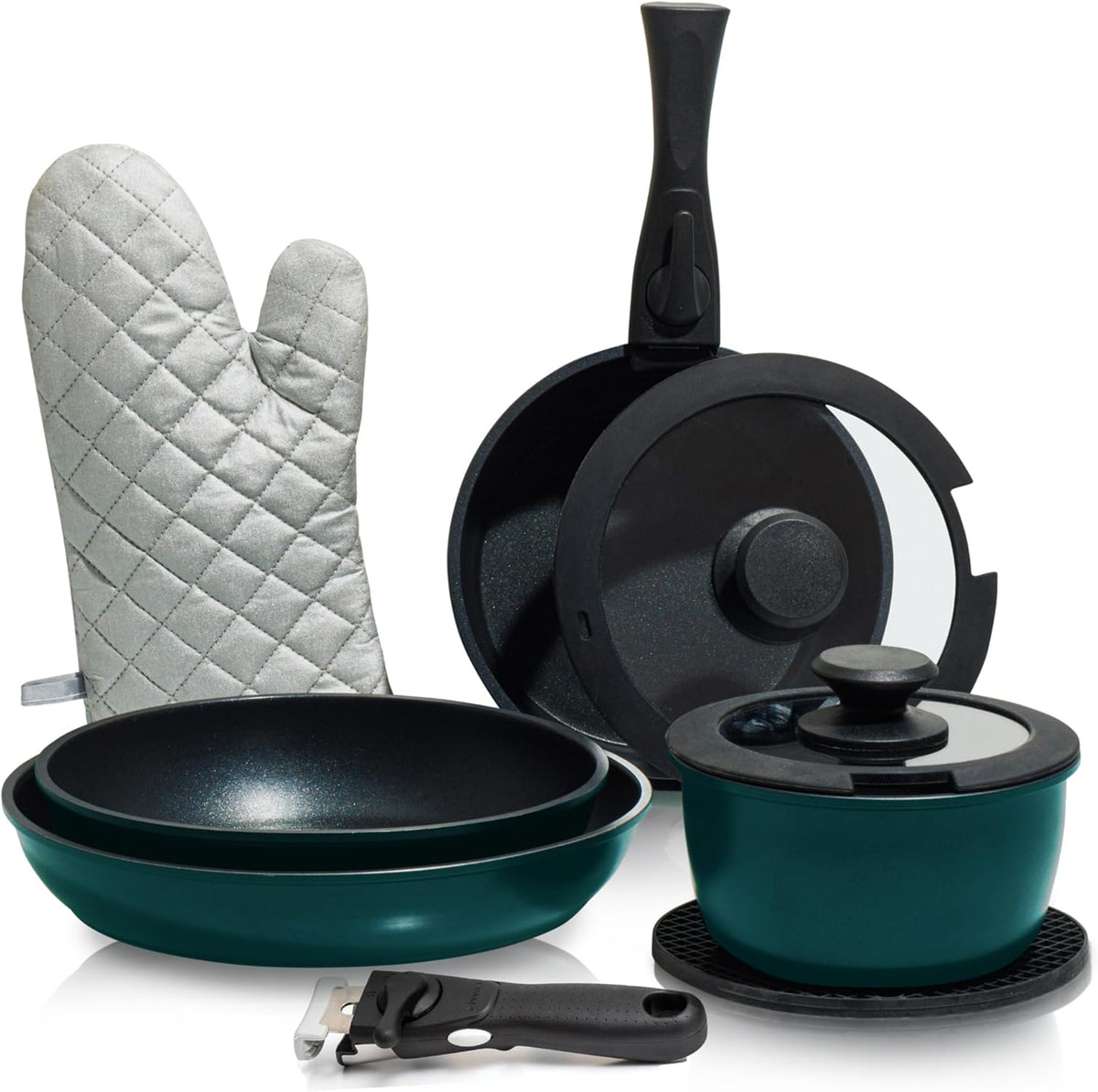 Moss & Stone Aluminum Pots And Pans Set Nonstick, Removable Handle Cookware, Stackable Pots And Pans Set, Dishwasher safe, Induction Pots And Pans, Camping Cookware Set (5 Pcs Burgandy)