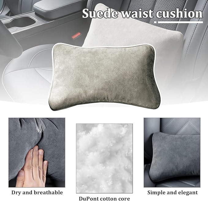 Car Lumbar Support Pillow, Suede Leather Vehicle Driving Seat Lumbar Support Pillow for Lower Back Pain Relief, Automotive Interior Back Cushion Pad, Universal for SUV Sedan Truck (Beige)