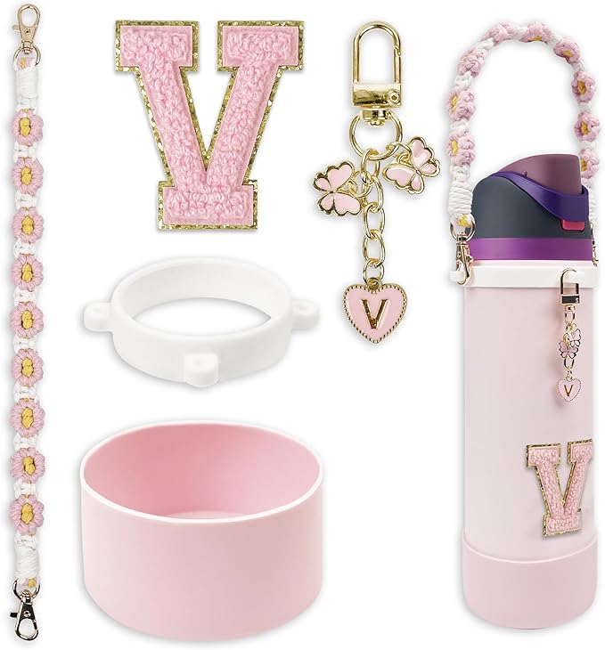 SITKOL Silicone Boot Cute Monogram Set Compatible with Owala Water Bottle 24 oz, 32 oz, 40 oz - Perfect Letter Owala Accessories for Owala Tumbler, Owala Free Sip, Pink Owala, Black Owala