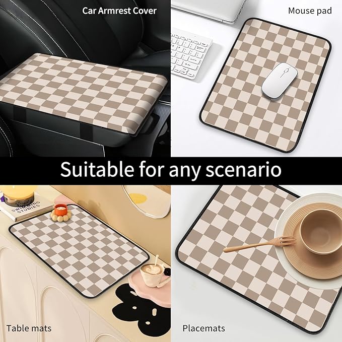 Car Center Console Cover, Universal Soft Large Neoprene Auto Armrest Seat Box Cover, Funny Car Decor Accessories Fit for Most Cars, Vehicles, SUVs Cute Beige Checkered
