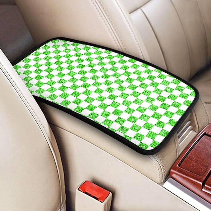 Glitter Green White Checkered Chessboard Flag Car Armrest Pad Cute Cars Center Console Cover Auto Handrail Box Cushion Armrests Cover