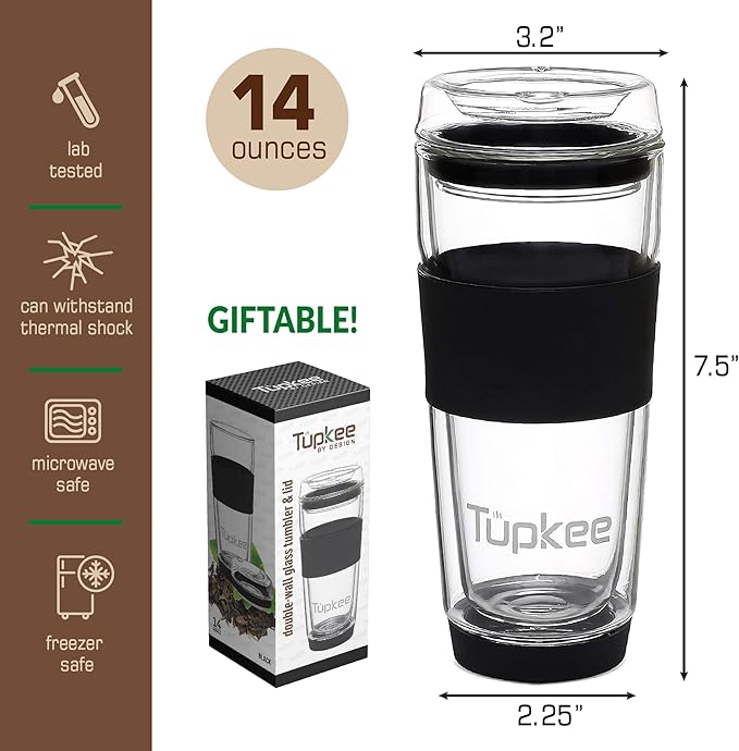 Tupkee Double Wall All Glass Tumbler - 14-Ounce, Reusable Insulated Tea/Coffee Mug & Lid, Hand Blown Glass Travel Mug - Black - 2 Pack