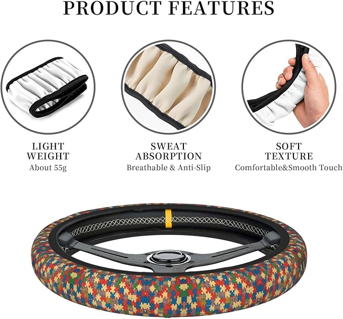 Puzzles Pattern Universal Fit Steering Wheel Cover for Car, Truck, and SUV, Durable Steering Wheel Protection