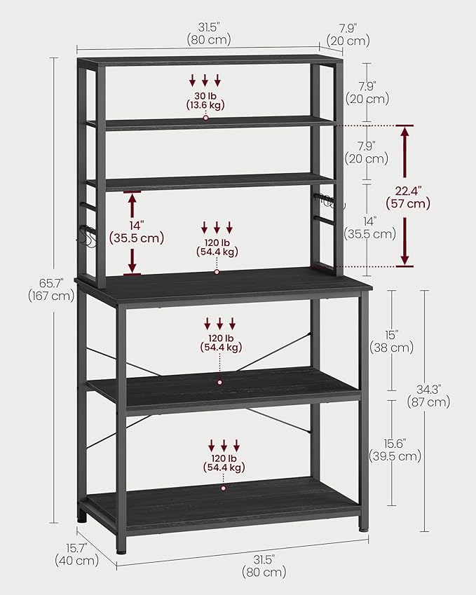 VASAGLE Coffee Bar, 31.5 Inches Baker's Rack for Kitchen with Storage, 6-Tier Kitchen Shelves with 6 Hooks, Microwave Stand, Industrial, Charcoal Gray and Ink Black UKKS019B22