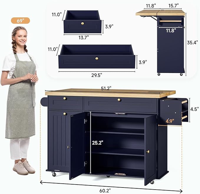 ONBRILL 60" Kitchen Island with Power Outlet & Drop Leaf, Mobile Storage Island with Spice Rack & Towel Rack, 4 Levels, Blue