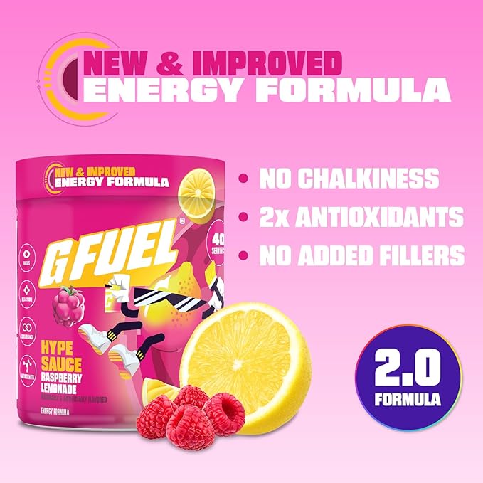 G Fuel Hype Sauce 2.0 Energy Drink Powder, Pre Workout Caffeine Mix for Gaming, Sugar Free Focus Amino, Vitamin + Antioxidants, 8.7oz (Raspberry Lemonade, 40 Servings)
