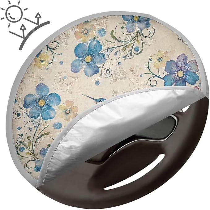 Hummingbird Peach Blossom Blue Pattern Steering Wheel Sunshade Cover Steering Wheel Cover for Sun Protection Steering Wheel Sunblock Cover Interior Accessories for SUV Truck Car Van