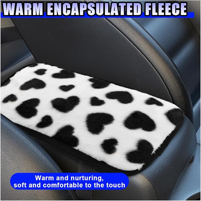 Furry Cow Print Armrest Cover for Car, Soft Plush Center Console Cushion Pad, Car Arm Rest Box Protector for Women Men, Universal Auto Decorative Accessories for Cars Trucks SUVs(Heart)