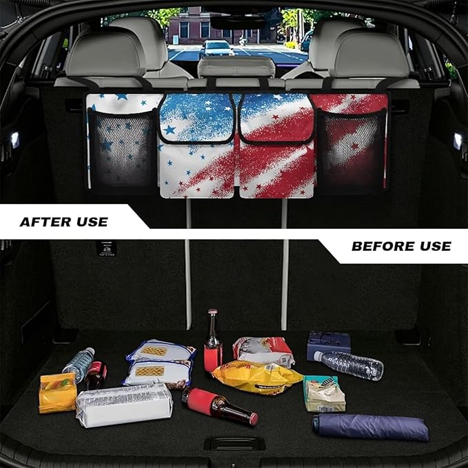 Car Trunk Organizer,Large Backseat Trunk Organizer,Collapsible Car Storage Bag,Auto Backseat Storage Bag Decoration for SUV/MPV/Truck,American Flag Star Stripes Patriotic