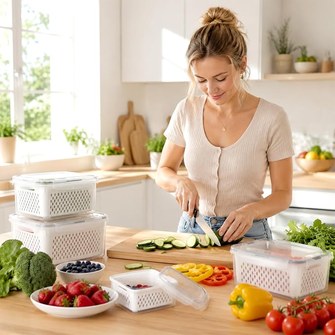 5 PCS Fruit Storage Containers for Fridge Produce Containers for Fridge with Removable Colander Berry Storage Containers Veggie BPA-Free Plastic Crisper for Long-Term Freshness