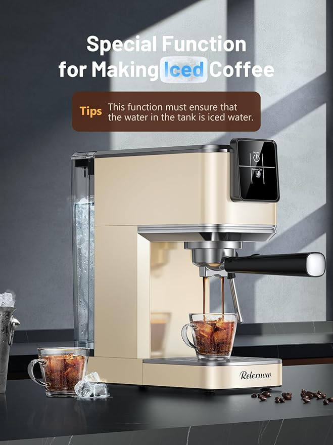 Espresso Machine, 20 Bar Espresso Maker Milk Frother & LCD Panel, Hot & Iced Coffee Machine, Stainless Steel Espresso Coffee Machine with 41oz Water Tank for Cappuccino, Latte