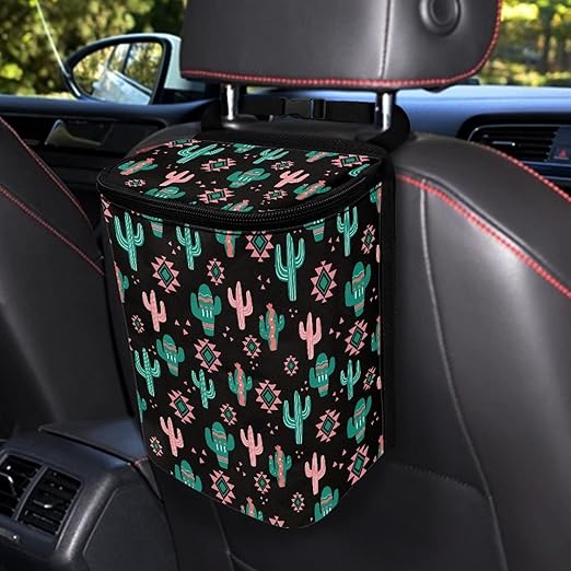 Green Cactus Aztec Car Trash Can Mini Auto Garbage Bin with Lid Lightweight Hanging Car Rubbish Bags for Back Front Seat