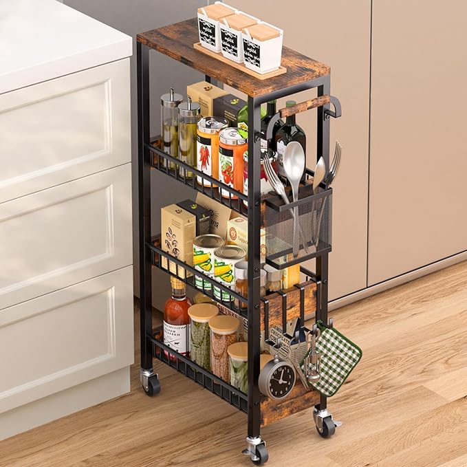 Slim Rolling Storage Cart, 4 Tier Small Organizer Cart with Wheels, Metal Utility Shelf Kitchen Bathroom Laundry Room Organization Trolley with Handle for Narrow Space (9.1" Overall Width)