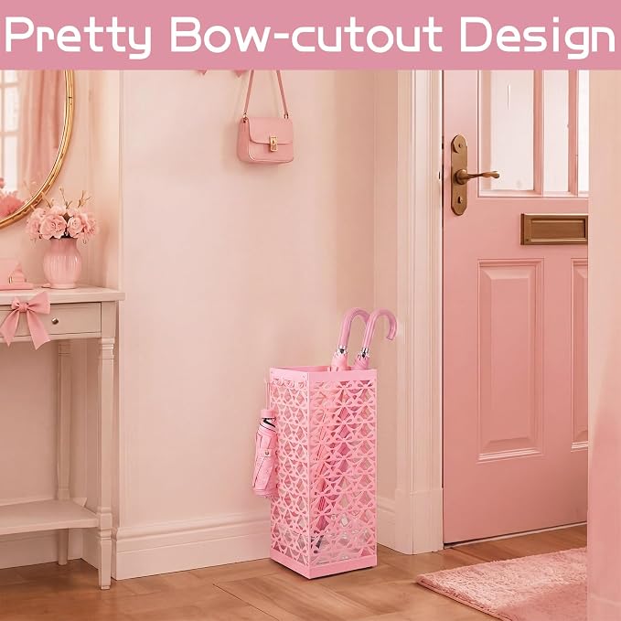 Hicarer Pink Bow Umbrella Stand Metal Umbrella Holder with Removable Drip Tray & 4 Hooks for Entryway Cute Coquette Square Freestanding Walking Sticks Storage Bin for Home Hallway, 16 x 6.3 x 6.3 Inch