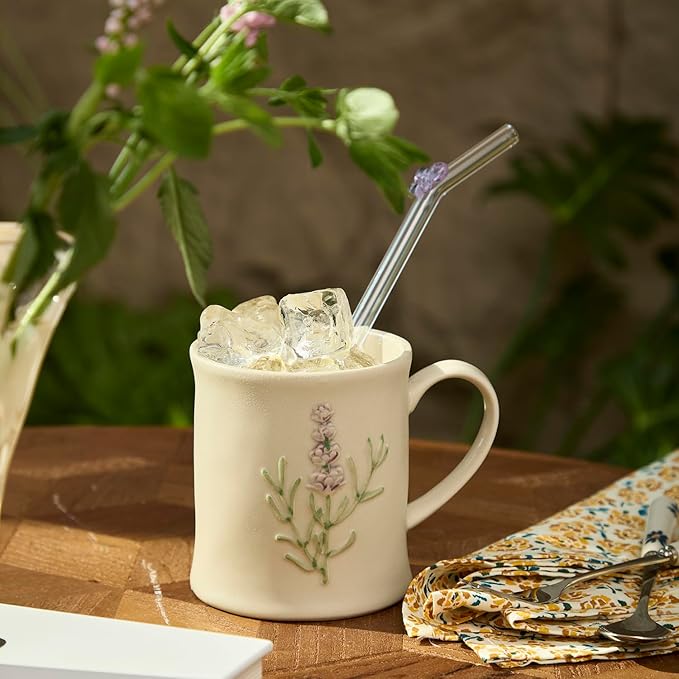 Artisanal Handcrafted Ceramic Mug with Sage Botanical Design - 10oz Off-White Stoneware Coffee Cup, Elegant Purple Sage Pattern, Dishwasher Safe, Comfort Grip Handle for Daily Use-4pack