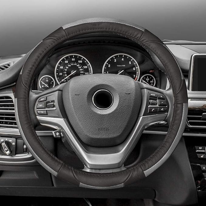 FH Group Universal Fit Deluxe Full Grain Authentic Leather Gray Black Steering Wheel Cover Fits Most Cars, SUVs