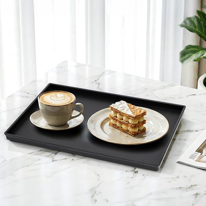 Cedilis 2 Pack Black Rectangular Serving Trays, Non-Slip Plastic Coffee Table Tray, Modern Ottoman Trays for Table Centerpiece, Home Decor, Bathroom, Kitchen Counter