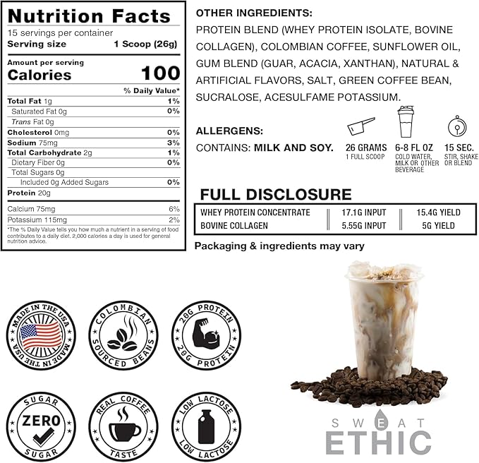 Sweat Ethic Brew’D UP Collagen Protein Coffee, Whey Isolate & Collagen Peptides, Natural Caffeine, Low Lactose, No Added Sugar, Easy-Mix Protein Coffee Powder, Mocha Flavor, 15 Servings