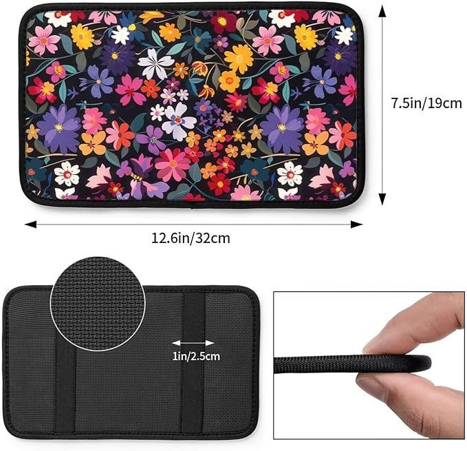 Car Center Console Cushion Pad Red Floral Armrest Seat Box Cover Protector Boho Hippie Flower Comfortable Decor Accessories for Most Cars, Vehicles, SUVs Daisy Pink Arm Rest Lid Covers