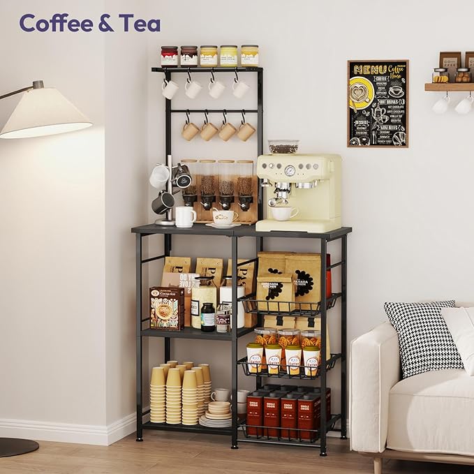 SWTYMIKI Bakers Rack with Storage - Coffee Bar Cabinet with Shelves, Coffee Station Organizer and Kitchen Stand with 8 Hooks, Baskets, Adjustable Feet for Kitchen Dining Room Pantry, Black