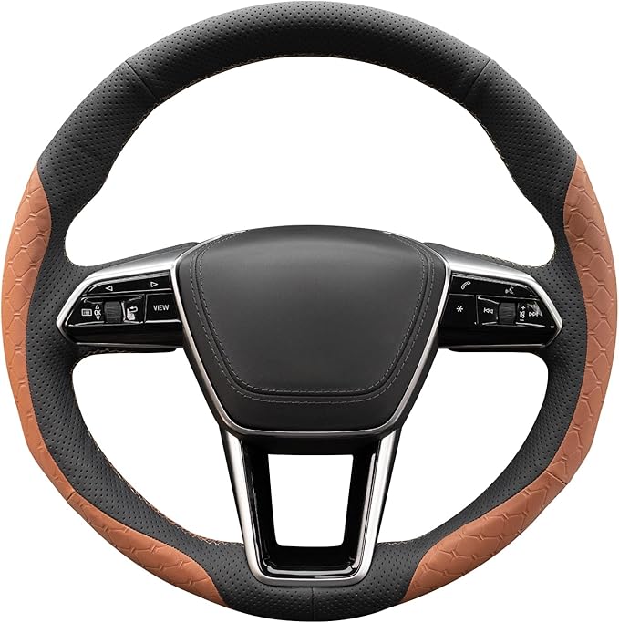 MEWANT Hand Stitch Steering Wheel Cover for Audi A6 2019-2022 A6 Allroad 2020-2022 A7 2019-2022 RS 6 Avant 2021-2022 RS 7 2021-2022 S6 2020-2022 Black Brown Real Leather DIY Interior Accessories