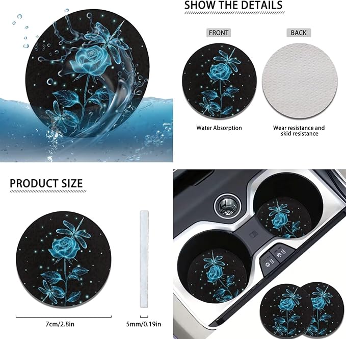 Blue Rose Print 6pcs Car Steering Wheel Cover Set for Men Women Dragonfly Cup Coaster Handbrake Gear Cover Armrest Cover Fits Most Cars Trucks Vans SUV
