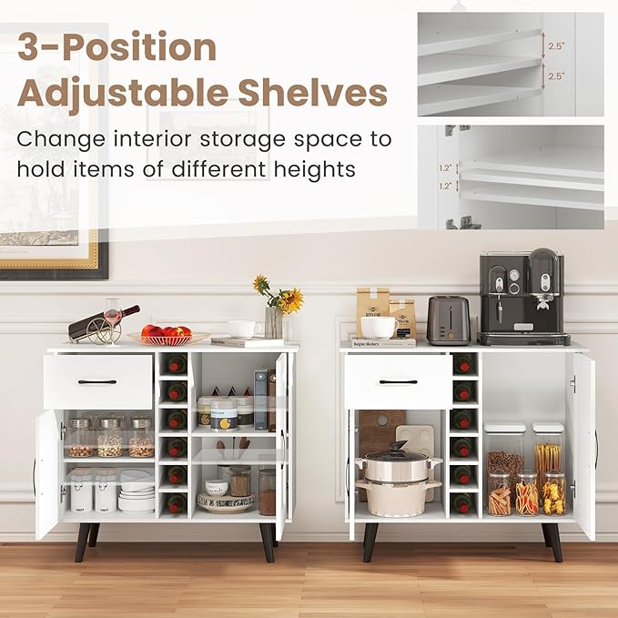Buffet Cabinet with Storage, Liquor Cabinet w/ 6-Bottle Wine Rack, 1 Drawer & 2 Doors, Wood Buffets & Sideboards, Farmhouse Coffee Bar Table for Kitchen, Dining Living Room, Entryway (White)