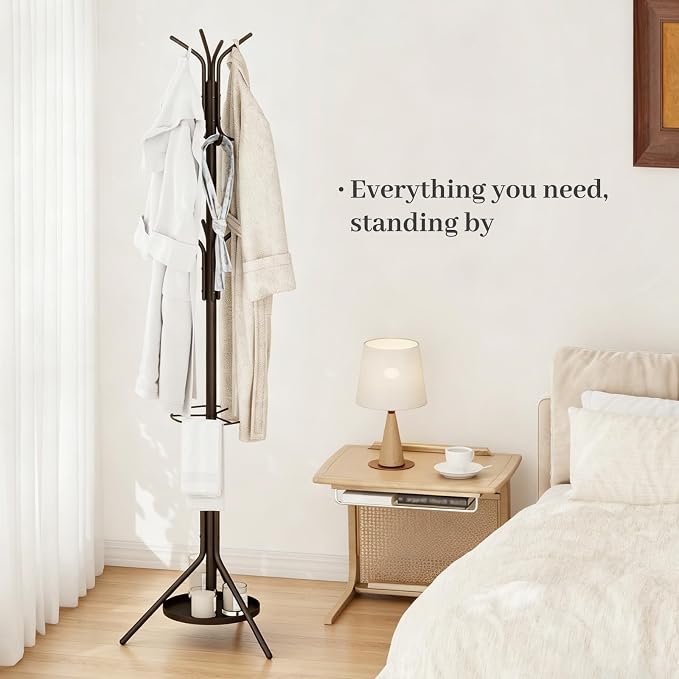 Kitsanery Coat Rack Freestanding,Metal Coat Tree with Umbrella Holder,Hat and Coat Rack Stand for Entryway, Hallway, Living Room, Bedroom (Brown)