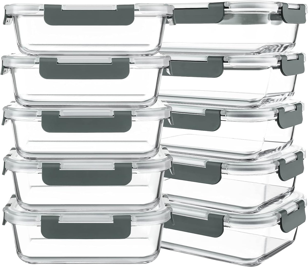 KOMUEE 10 Packs 30 oz Glass Meal Prep Containers,Glass Food Storage Containers with Lids,Airtight Lunch Bento Boxes,Microwave,Freezer and Dishwasher,Gray