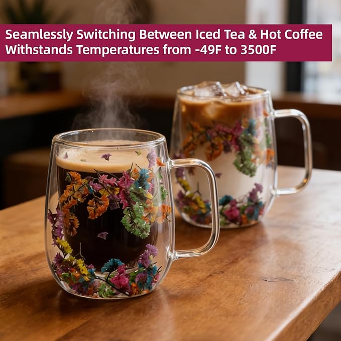 Dried Flowers Double Wall Insulated Coffee Mug, Borosilicate Glass Tea Cup with Real Flower Embedded, Heat Resistant Handle for Valentine's Day Birthday Gifts (pink,13.19oz)