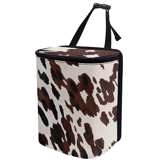 KEIAHUAN Brown Cow Car Trash Can with Zipper-Closed Lid for Back Seat Collapsible Portable Auto Garbage Bag Large Capacity Trashcan Storage Bag for Cars, Sedans, SUVs & Trucks