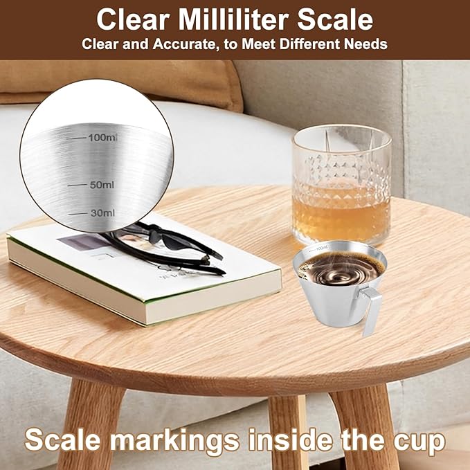 WCHOSOZH 2Pcs Espresso Cups with Handle, 3.4OZ/100ML Espresso Accessories, Stainless Steel Spout Measuring Cup with Scale, Espresso Pouring Cup with V-Shaped Mouth (Double V-Deep Mouth - Silver)
