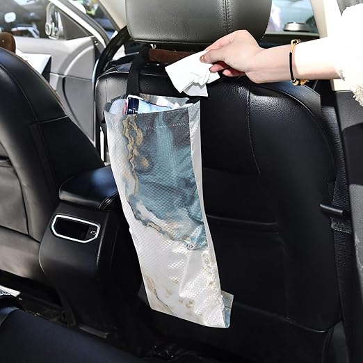 ALAZA Hanging Car Trash Bags Garbage Bag Trash Can for Back Seat Small Marble Nordic Style Washable Storage Bag Retractable 2 Pack