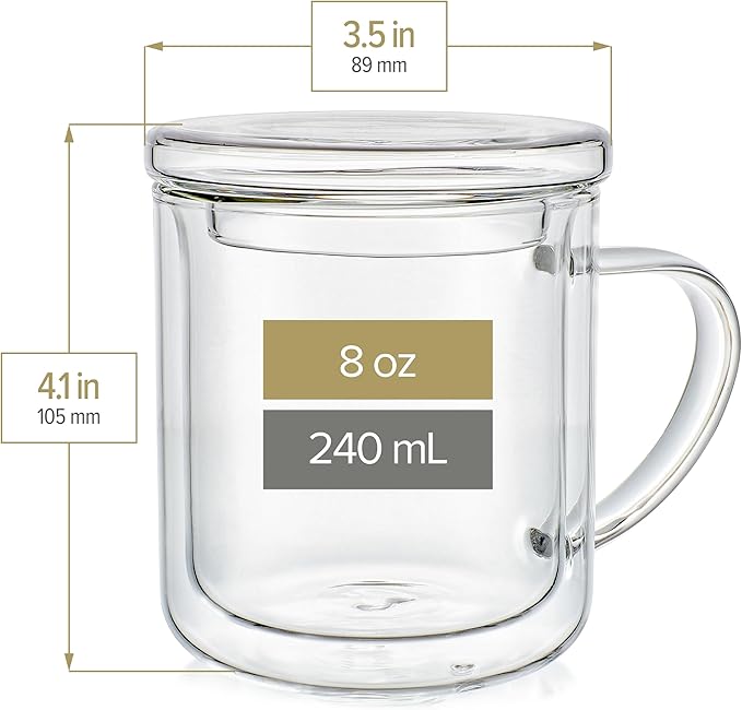 Teabloom Double-Wall Glass Cups with Lids – Set of 2 Insulated 8 oz Borosilicate Glass Mugs, Lead-Free & Plastic-Free, Pure Taste, Temperature-Retention, Dishwasher/Microwave Safe