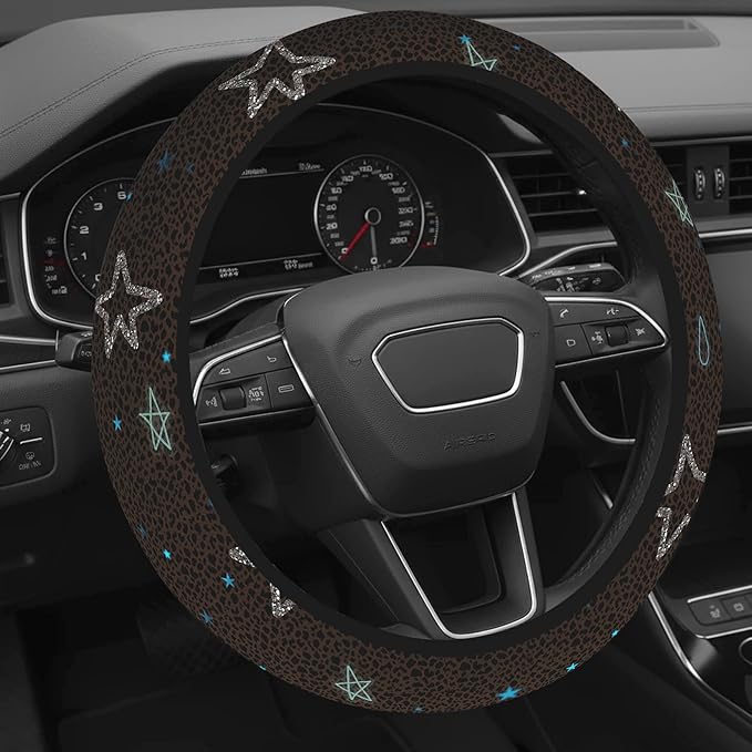 Cute Steering Wheel Cover for Women, Machine Washable Universal 14.5-15.5 inch Non-Slip Grip All Weather Use (Brown Leopard Stars)