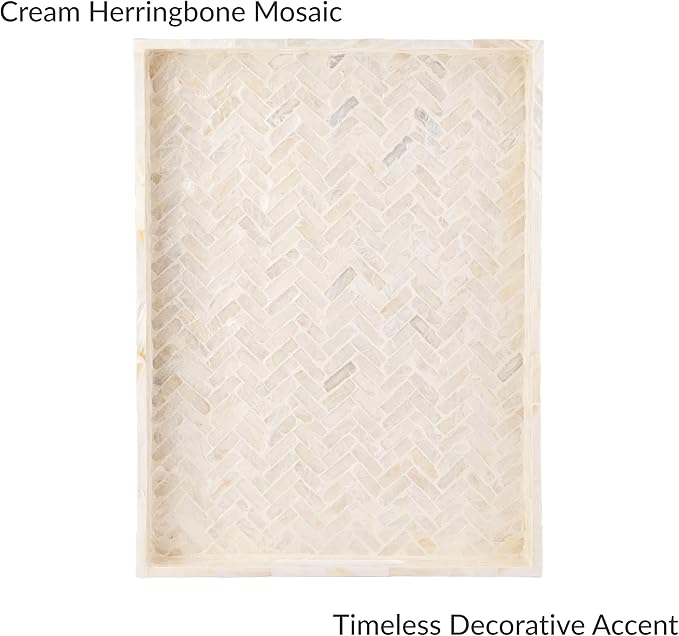 PEMAR Handmade Capiz Shell Decorative Serving Tray – Mother of Pearl Finish Herringbone Mosaic Rectangular Tray with Handles, 15.74 x 11.8 x 2 in, for Coffee Table & Home Decor