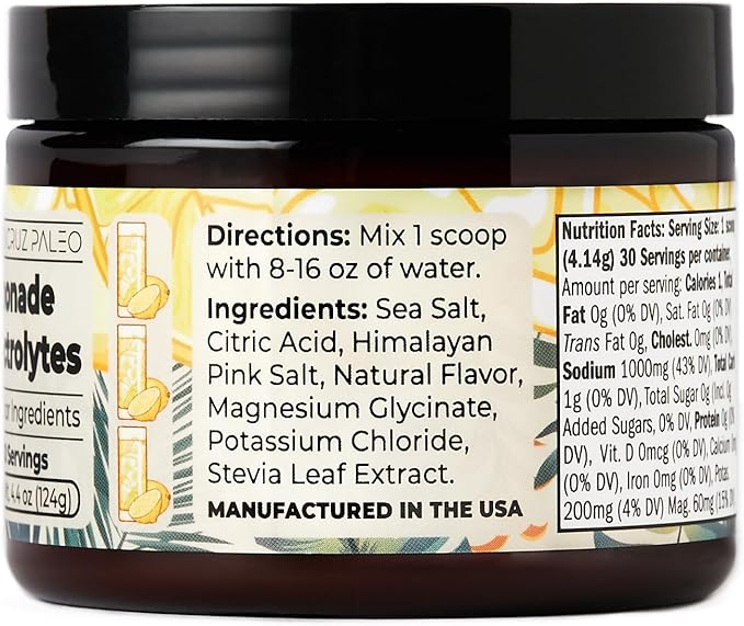 Santa Cruz Paleo Electrolyte Powder, Lemonade Flavor, Sugar Free Hydration Drink Mix with Himalayan Pink Salt, Sea Salt, Magnesium Glycinate, Potassium Chloride, Sweetened with Stevia, 30 Servings