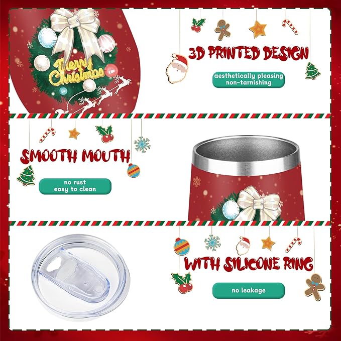 MEZMUT Christmas Wine Tumbler Unique Mom Christmas Gifts for Women Her 12oz Stainless Steel Wine Glass Christmas Cups Insulated Tumblers with Lids&Straws Double Wall Vacuum Coffee Tumbler Mugs