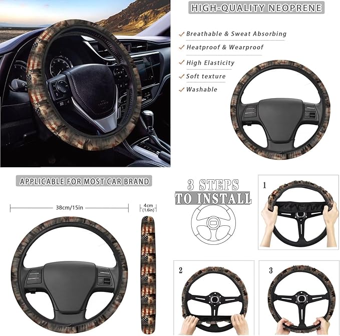 American Flag Deer Printed Car Interior Cover Sets, Car Front Rear Seat Cover with Steering Wheel Protector Coaster Trash Can Air Vent Storage Bag, Universal Fits Auto Interior Accessories