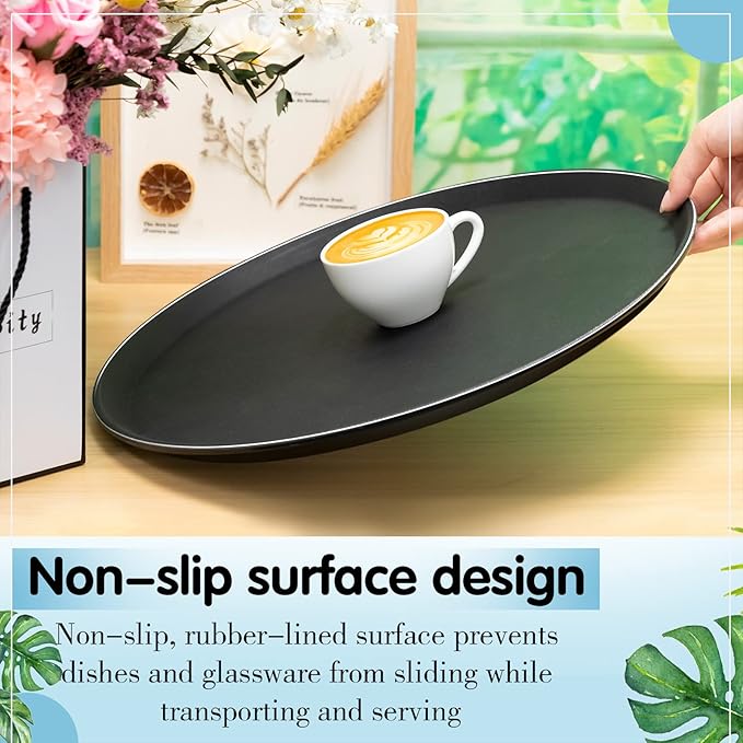 Lallisa 8 Pcs 16'' Large Restaurant Serving Trays with Rubber Lined Plastic Non Slip Tray Non Skid Round Serving Platter Server Tray for Bar Drink, Cafeteria Food, Coffee, Table, Hotel, Party, Black