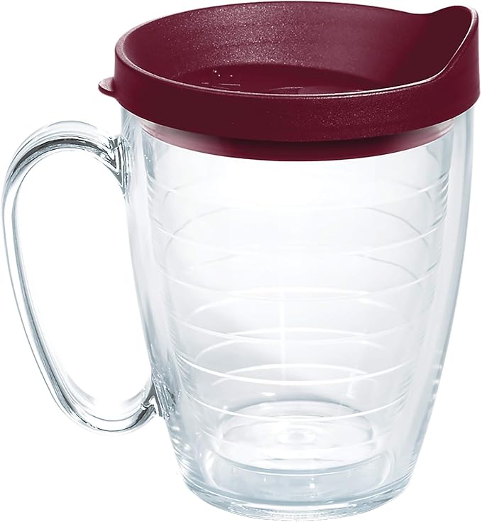 Tervis Clear & Colorful Lidded Made in USA Double Walled Insulated Tumbler Travel Cup Keeps Drinks Cold & Hot, 16oz Mug, Maroon Lid