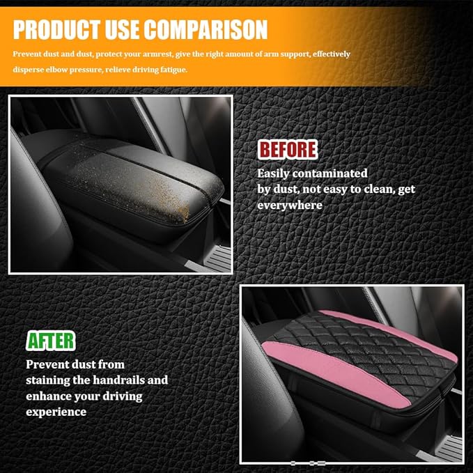 Car Center Console Cover, Leather Waterproof Armrest Seat Box Cushion Pad, Universal Decor Protector Mat, Comfortable Car Decor Accessories Fit for Most Cars, Vehicles, SUVs (Pink)