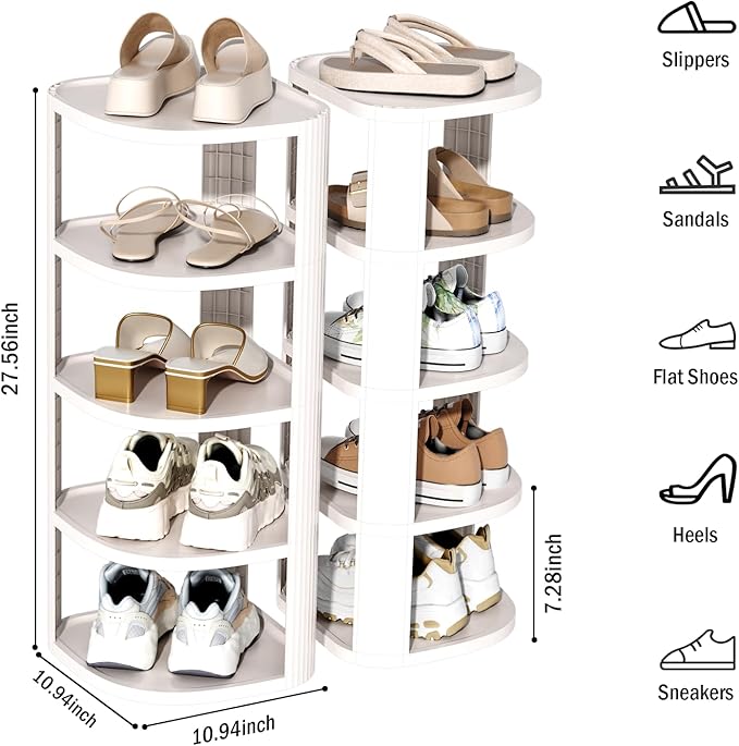 NestOrganix 10 Tier Vertical Shoe Rack, Stackable Narrow Shoe Rack Organizer for Entryway Closet Corner, Free Standing Shoe Rack Tower Shelf, Space Saving, Curved, Off White