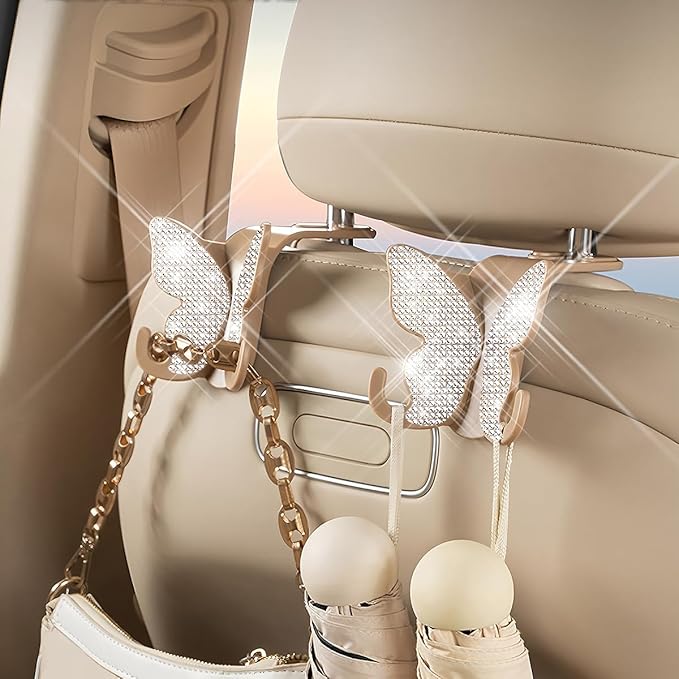 2 Pack Butterfly Bling Car Seat Headrest Hooks for Purses and Bags Aesthetic Design Car Hooks Rhinestones Hanger for Car Back Seat Organizer Storage Hook Bling Car Accessories（Light Brown）