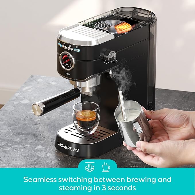 CASABREWS 5418 PRO Espresso Machine 20 Bar, Stainless Steel Espresso Maker with Milk Frother, Compact Cappuccino Machine for Home, Espresso Coffee Machine, Gift for Mom, Gift for Family, Black