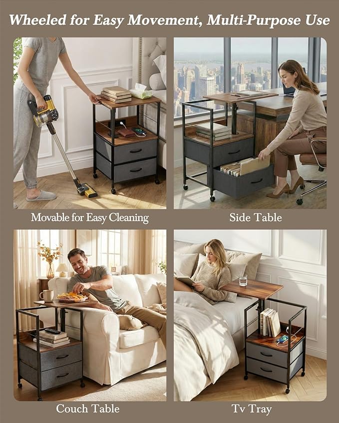 Faesun Swivel Lift Top Nightstand with Charging Station, Rolling Side Table for Recliner, Bedside Table with Wheels & 2 Fabric Drawers, for Small Spaces, for Bedroom, Living Room, Walnut Gray