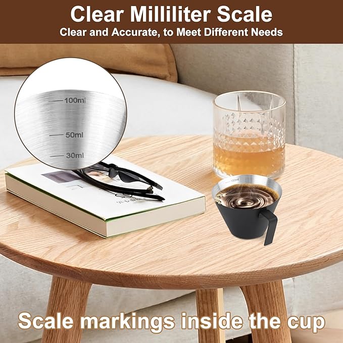 2Pcs Espresso Cups with Handle, WCHOSOZH 3.4OZ Espresso Accessories, Stainless Steel Spout Measuring Cup with Scale, Espresso Pouring Cup with V-Shaped Mouth (V-Deep Mouth - Black)